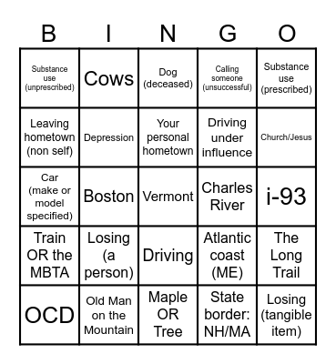 Noah Kahan Bingo Card
