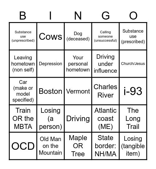 Noah Kahan Bingo Card
