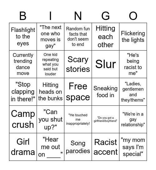 boys cabin bingo Card