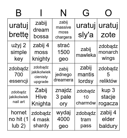 Hollow Knight Bingo Card