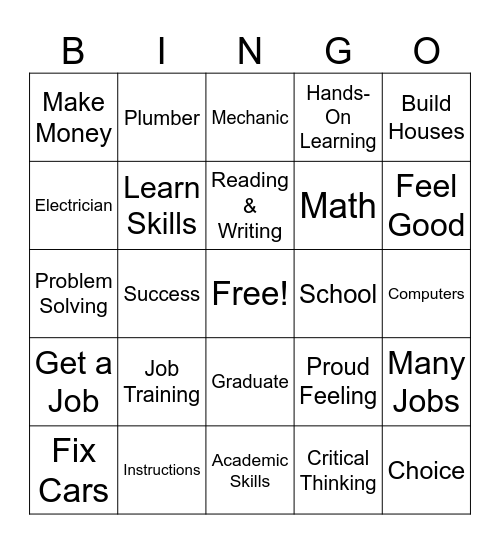 Job Training VS. Academics Bingo Card