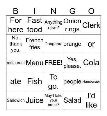 For here or to go Bingo Card