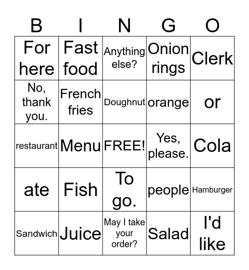 For here or to go Bingo Card