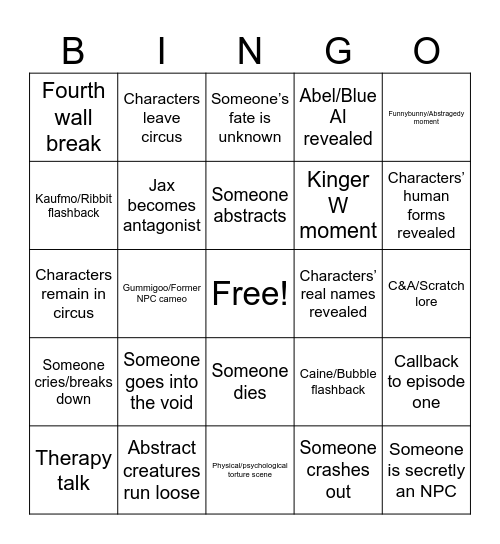 TADC Finale Bingo Card
