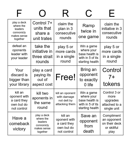 Game Kastle Twin Suns (force)Bingo Card