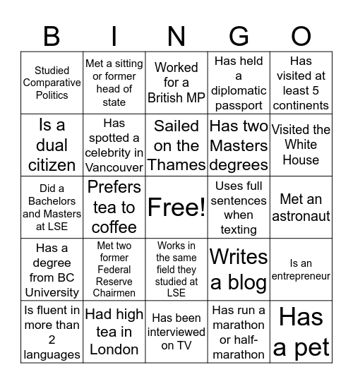 Get To Know Your Fellow Alumni Bingo Card