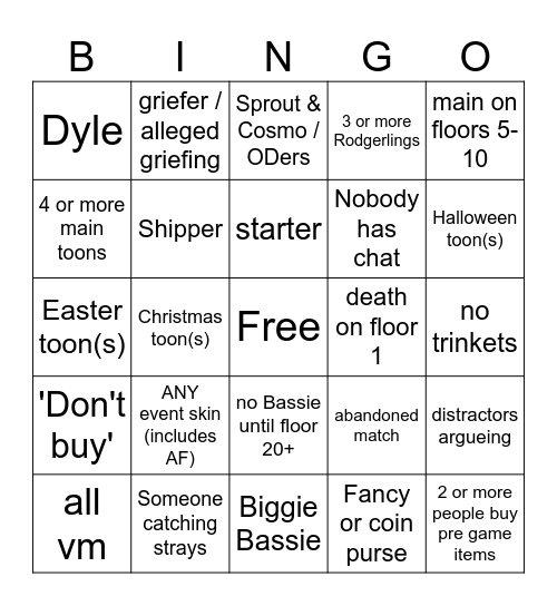 Dandys world Bingo Card