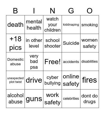 PSA Bingo card Bingo Card