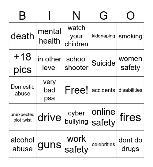 PSA Bingo card Bingo Card