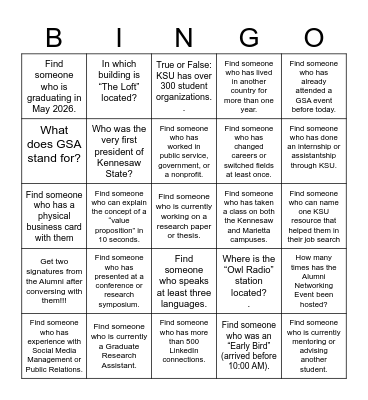 GSA Alumni Brunch Bingo Card