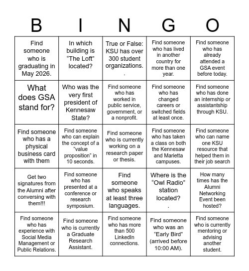 GSA Alumni Brunch Bingo Card