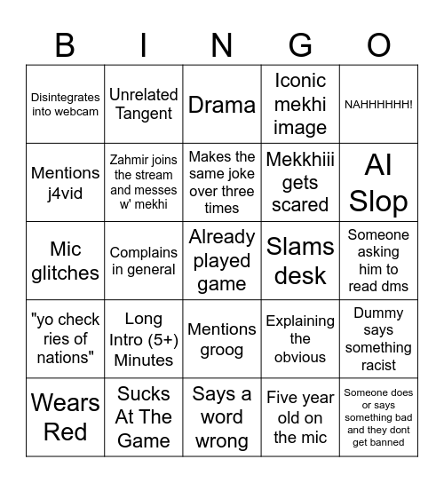mek stream Bingo Card