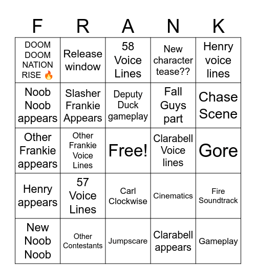 Finding Frankie 2 Trailer Bingo Card