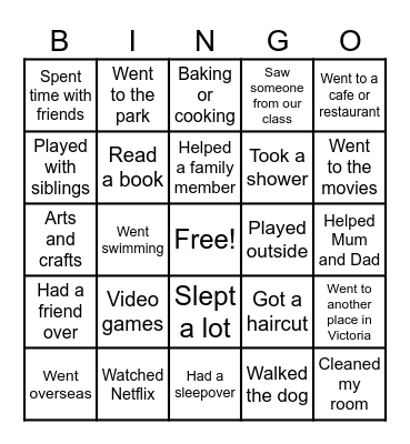 School Holiday Bingo Card