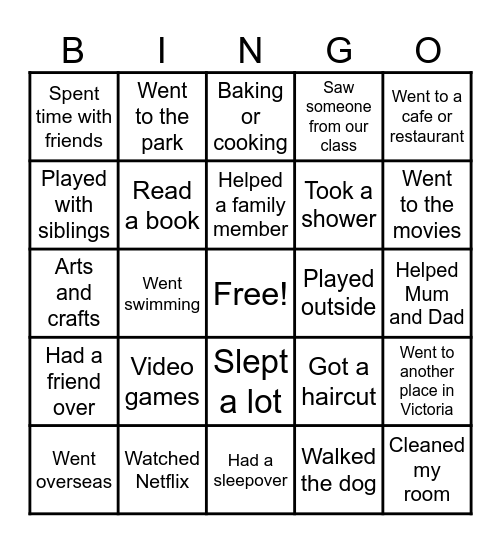School Holiday Bingo Card