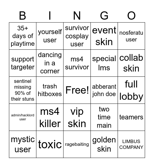 Forsaken Bingo Card