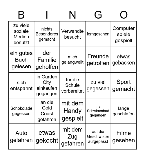 Was hast du in den Ferien gemacht? Bingo Card