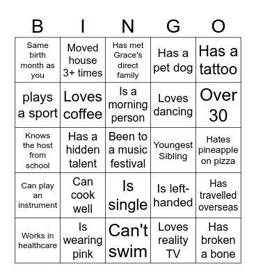 Grace's 21st Bingo Card