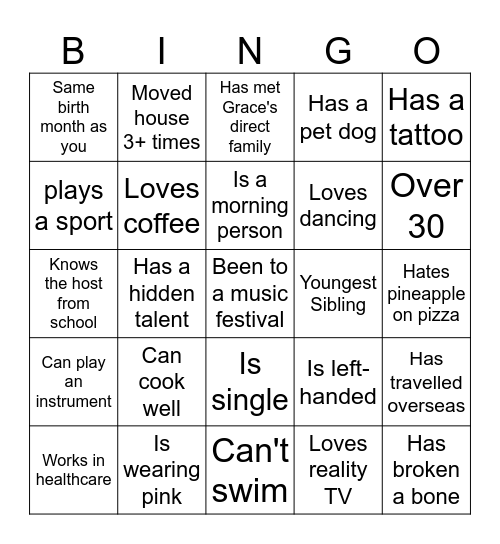 Grace's 21st Bingo Card