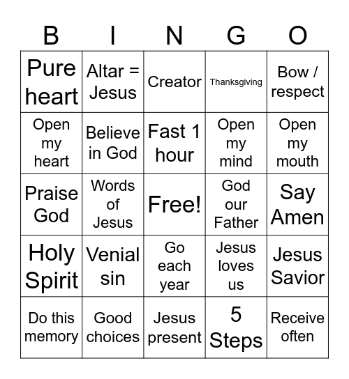 1st Communion Bingo Card