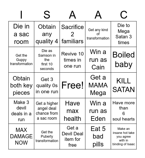 The Bingoing of Isaac Bingo Card