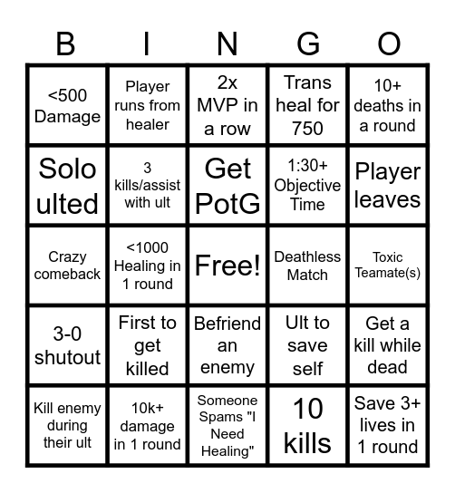 Support Overwatch Bingo Card