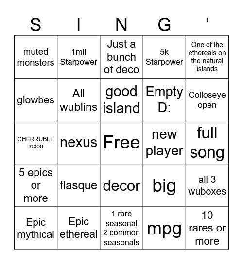 msm Bingo Card