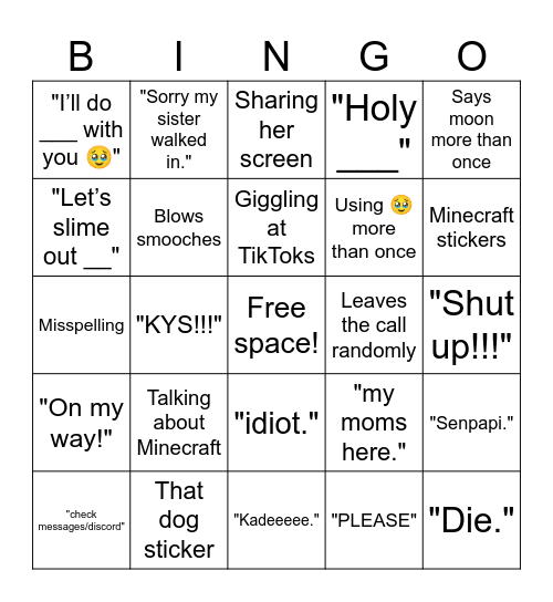 Calling/Texting Lisy bingo Card
