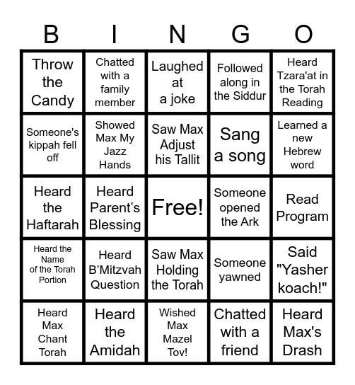 Max's B'Mitzvah Bingo Card