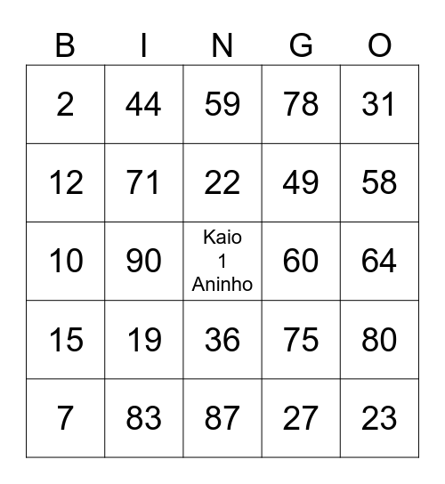 Safari do Kaio Bingo Card