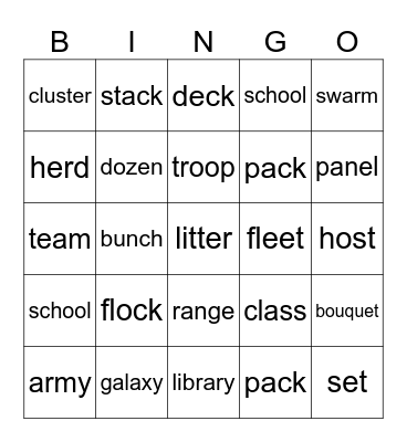 Collective Nouns Bingo Card