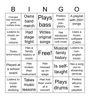 Rock Band Bingo Card