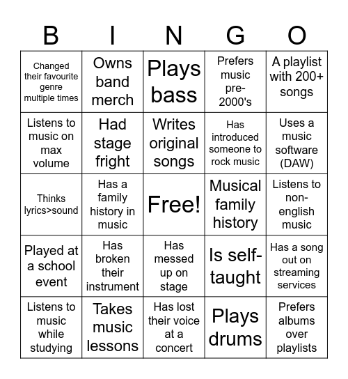 Rock Band Bingo Card
