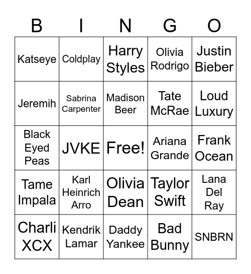 Muusika BINGO Card