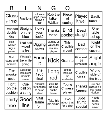 BBC Snooker Bingo Card