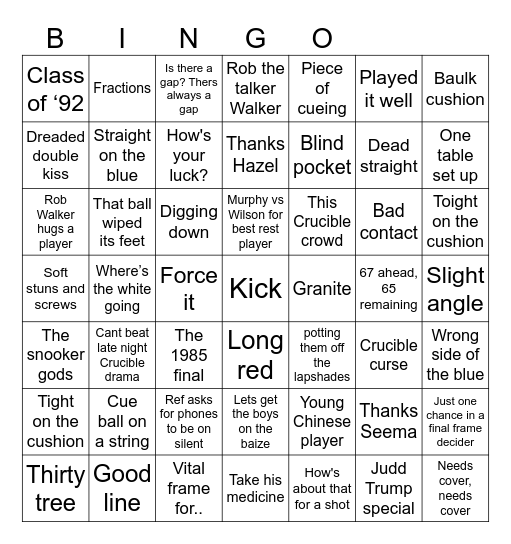 BBC Snooker Bingo Card