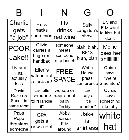 SCANDAL Bingo Season 6 Premier Bingo Card