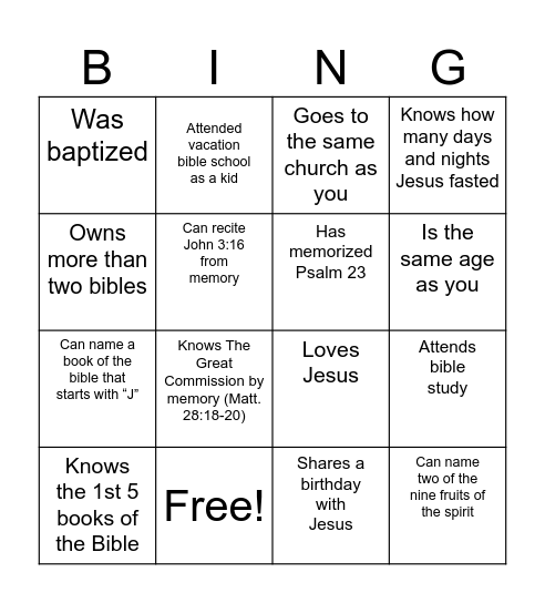 Christian Bingo! Find someone who... Bingo Card