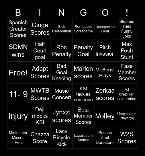2026 Sidemen Charity Match Bingo Card