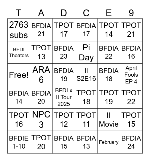 BFDI 2024-2026 Episodes Bingo Card
