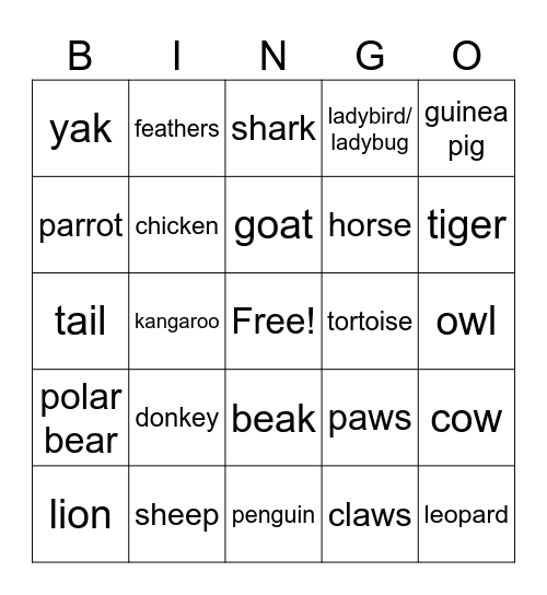 Animals/Bugs Bingo Card