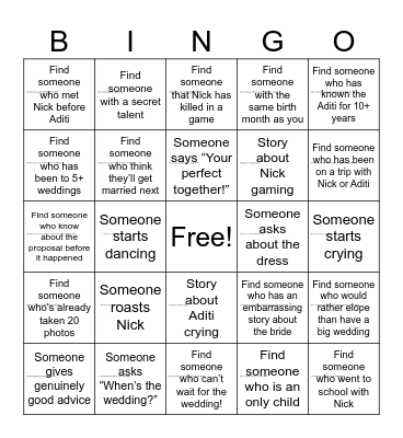 Aditi's Bridal Bingo! Bingo Card