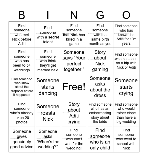 Aditi's Bridal Bingo! Bingo Card