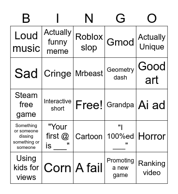 Shorts Bingo Card