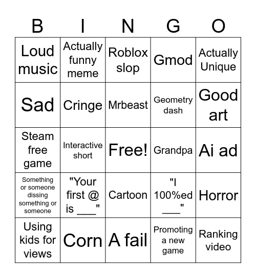 Shorts Bingo Card