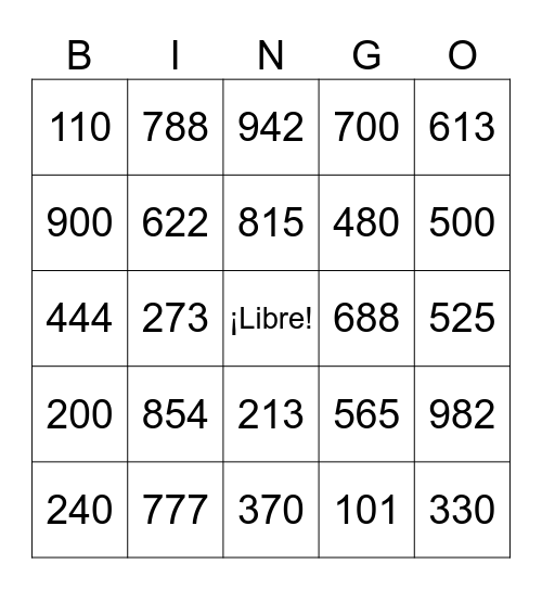 Números 100-1,000 Bingo Card