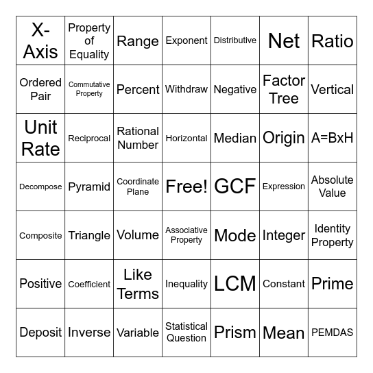 6th Grade Math TCAP Bingo Card