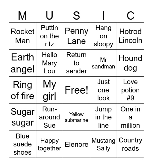 Golden Oldies Bingo Card