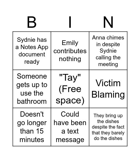 Roommate Meeting Bingo Card