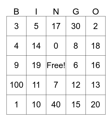 Number Bingo Card
